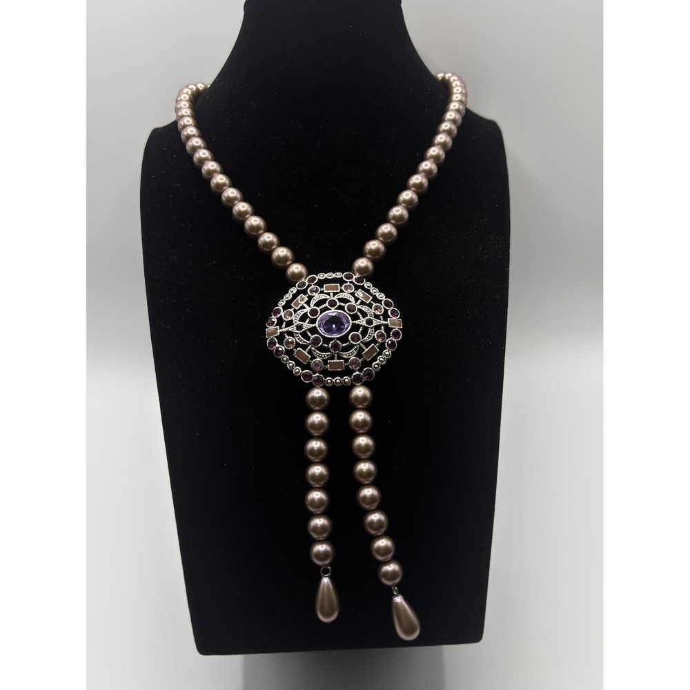 Trifari Necklace Womens 15" Mauve Faux Pearl Purple Rhinestone Lariat Medallion